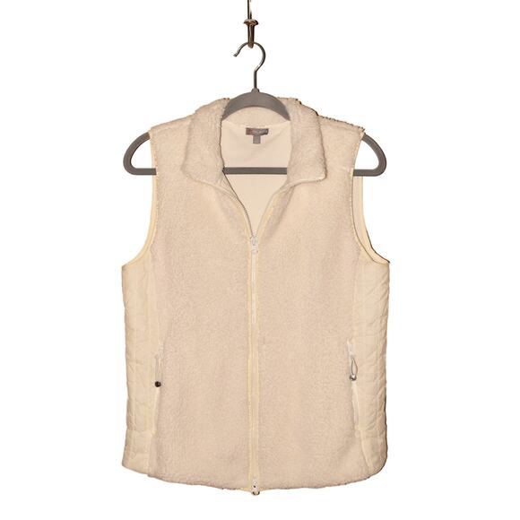 T BY TALBOTS $79 Sherpa Fleece Full Zip Vest White Quilted Side Panels Small - Picture 1 of 3